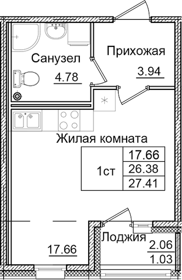 Квартира студия 27.41 м², 2/9 эт., ЖК «Квартал Заречье»